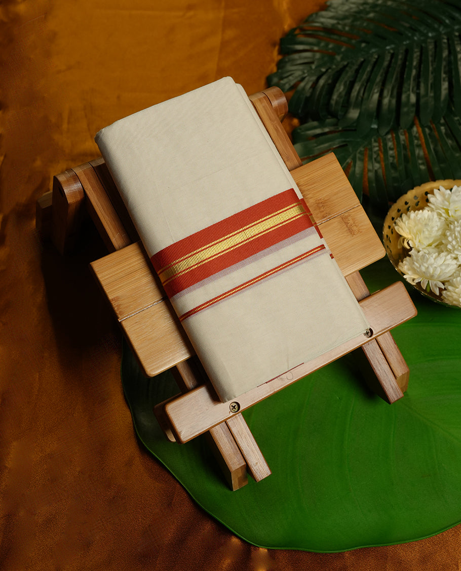 Cream Colour Pure Cotton double Dhoti with orange and gold Colour Border for Men