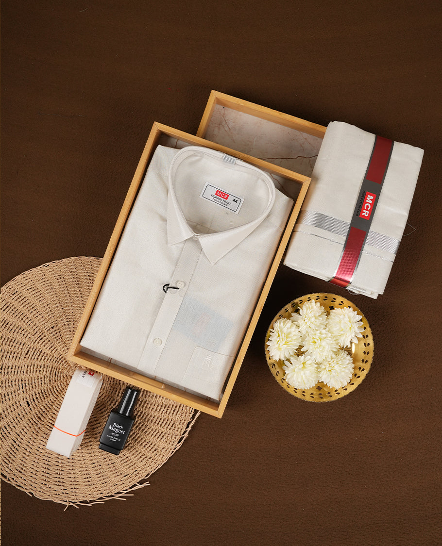 Off-White Tissue Cotton Full Sleeve Shirt with Pure White Dhoti Set Featuring Rich Silver Zari Border and Complimentary Perfume