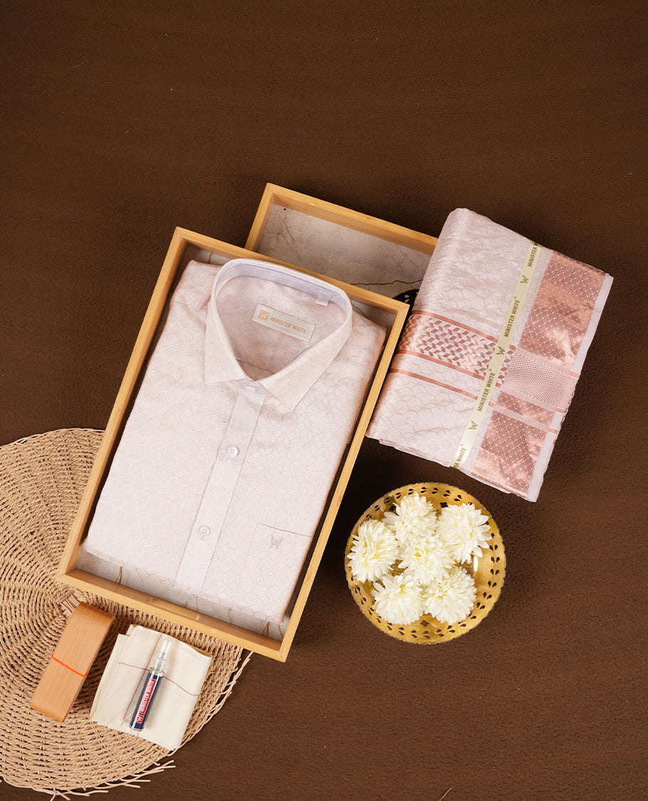 Light Copper colour Minister White traditional men's shirt paired with a matching dhoti with a rose gold border.