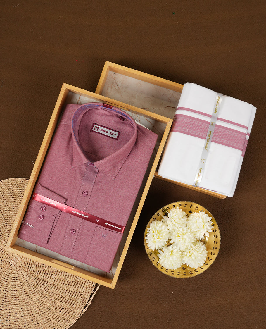 Dusty Rose colour traditional men's shirt and dhoti set from Minister White with Liberty Cut collar.