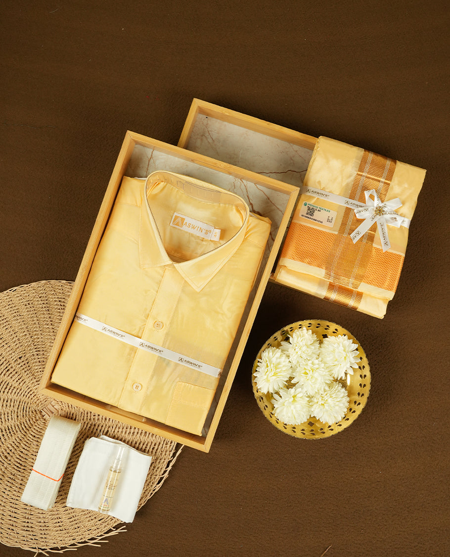 Champ colour Aswin’s wedding set featuring a refined silk shirt and matching dhoti with gold zari detailing, crafted for timeless elegance and perfect for traditional weddings and festive occasions.