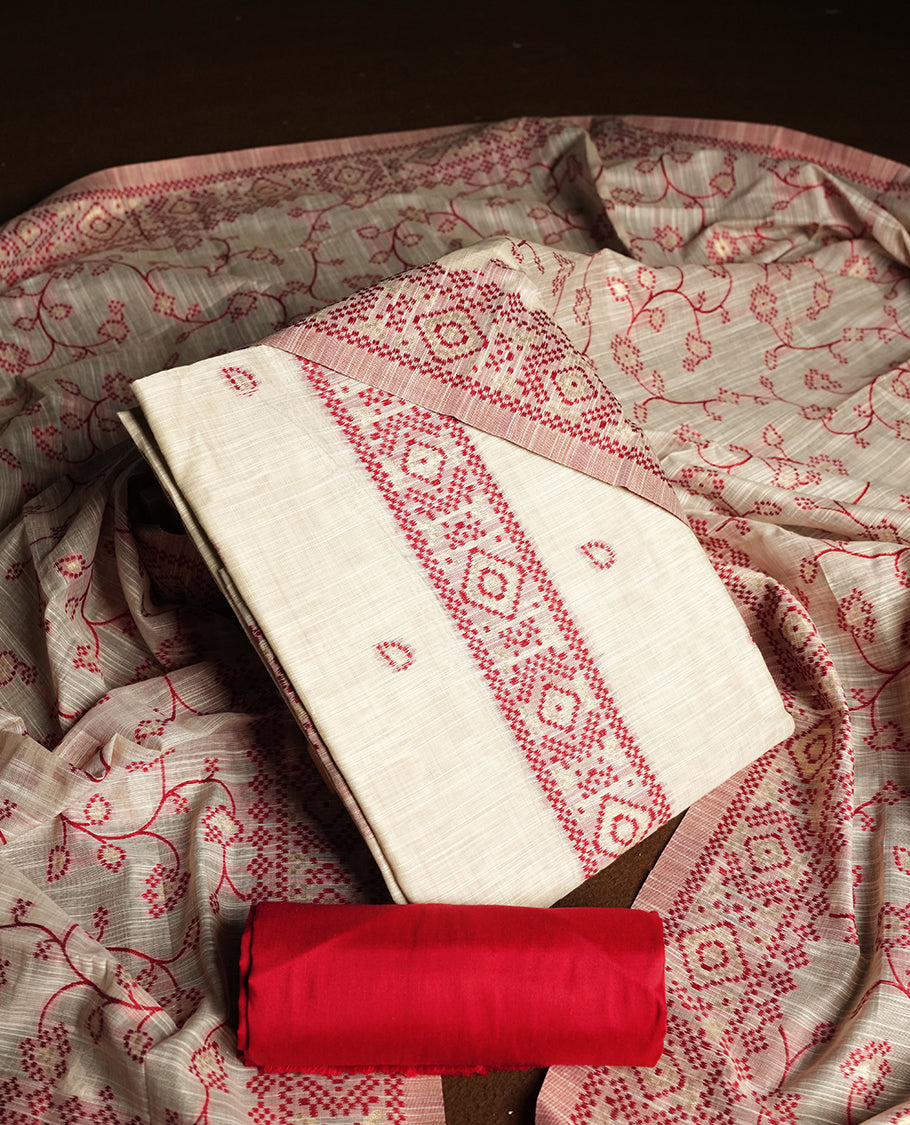 Cream colour churidhar material featuring Red colour thread embroidery on the front panel, floral thread pattern dupatta with elegant border, and matching plain bottom.