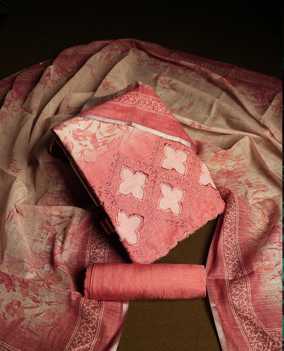 Rose Pink colour churidhar material featuring cutwork and thread embroidery on the front panel, floral digital printed dupatta with elegant border, and matching plain bottom.