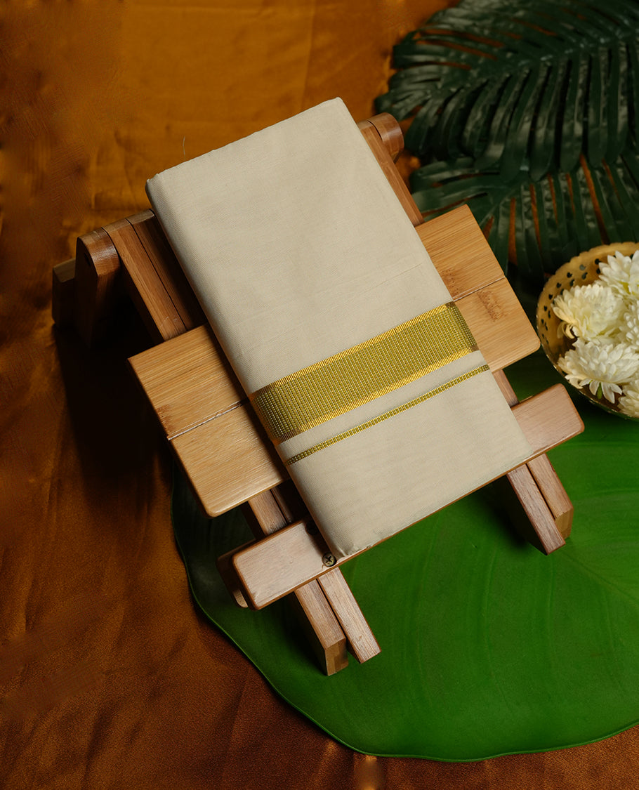 Cream Colour Pure Cotton double Dhoti with Lemon green and gold Colour Border for Men