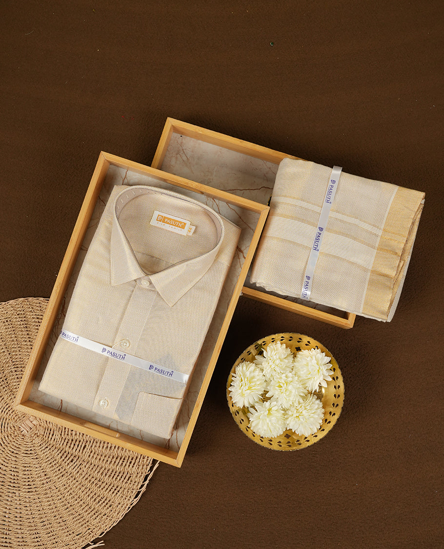 Gold color cross pattern shirt & dhoti set by PASUTHI with rich zari weave and elegant shin, Ideal for weddings, functions & festives.