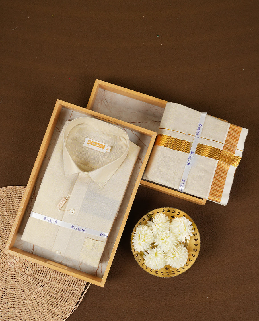 Gold color shirt & dhoti set by PASUTHI with rich zari weave and elegant shin, Ideal for weddings, functions & festives.