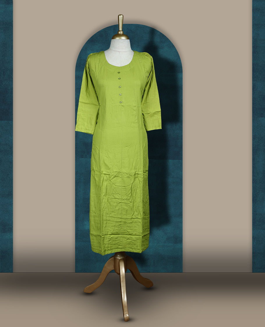 Parrot green colour cotton kurthi with front buttons, 3/4th sleeves, and a round neckline & Perfect for daily wear, office, or layering, Soft, breathable fabric ensures all-day comfort and ease.