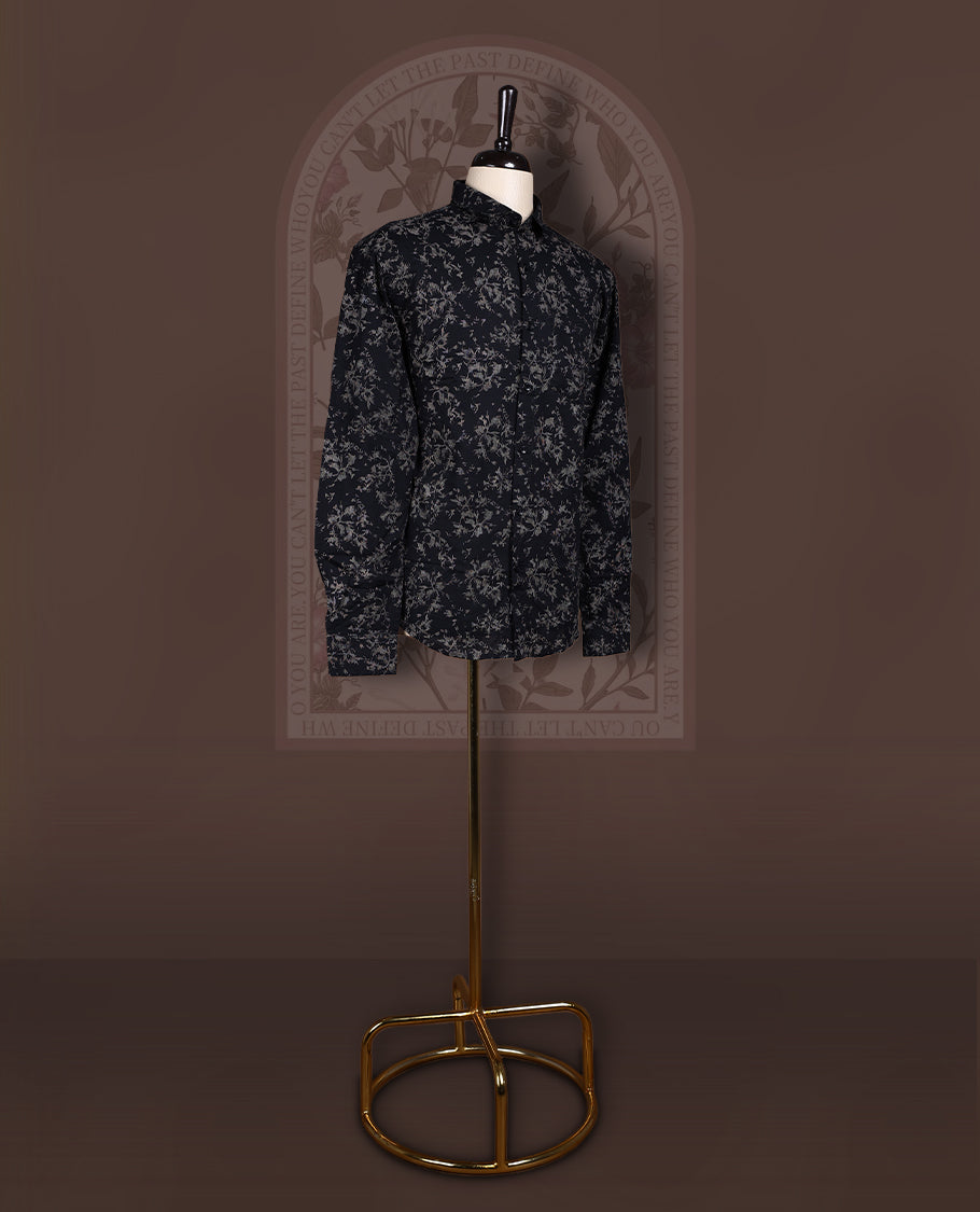 Black colour cotton long sleeve shirt featuring an all over delicate beige cotton print, Designed with a classic collar and button down front, it blends timeless elegance with everyday comfort.
