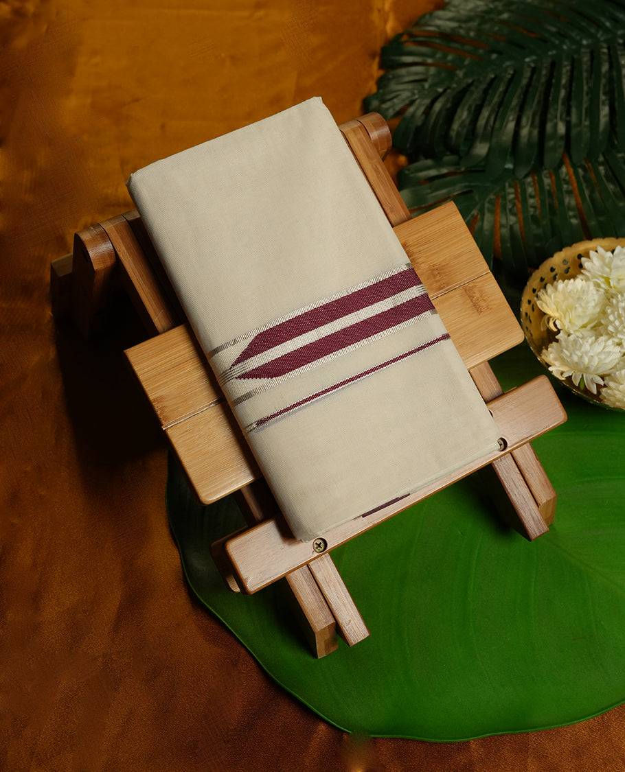 Cream Colour Pure Cotton double Dhoti with maroon and silver Colour with designer Border for Men