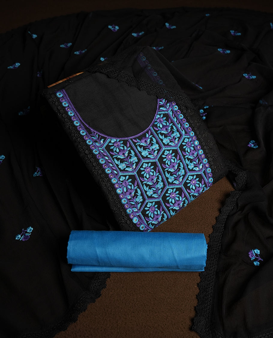 Black colour hakoba churidhar material featuring beautiful blue and violet colour floral embroidery on the neckline and front panel, highlighted with lace detailing & Comes with an embroidered dupatta and contrast blue colourbottom.