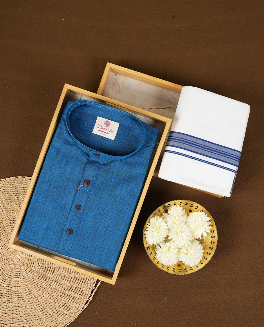 RAMRAJ Blue Colour shirt paired with a matching dhoti, elegantly finished with a Blue zari border.