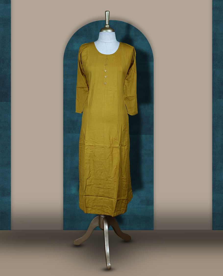 Mustard yellow colour cotton kurthi with front buttons and 3/4th sleeves & Features a round neck and minimalist design for a classy everyday look, Ideal for work or casual wear with maximum comfort.