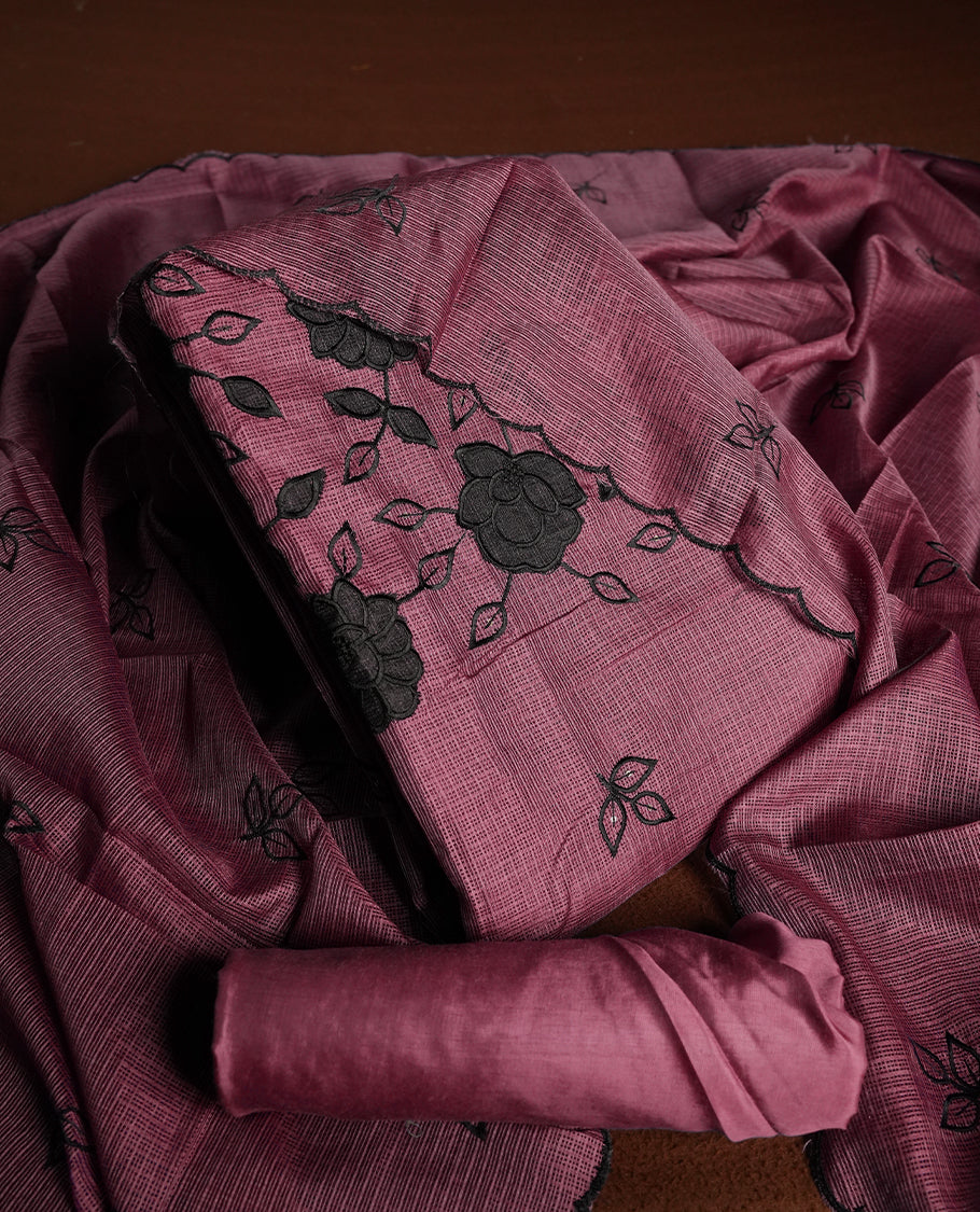 Dark Rouge colour churidhar material featuring Black colour thread embroidery on the front panel, self colour dupatta with elegant border, and matching plain bottom