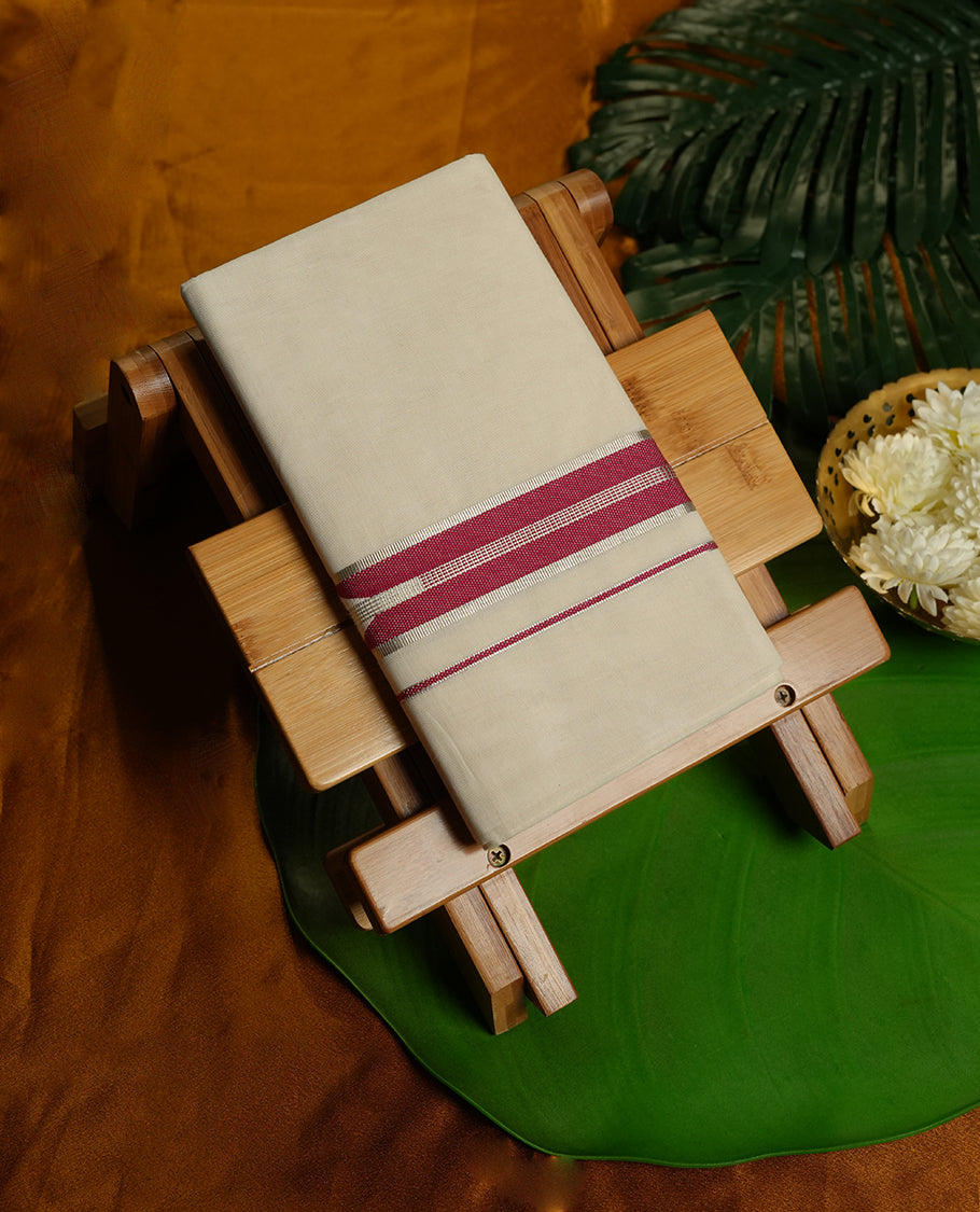 Cream Colour Pure Cotton double Dhoti with red and silver Colour designer Border for Men