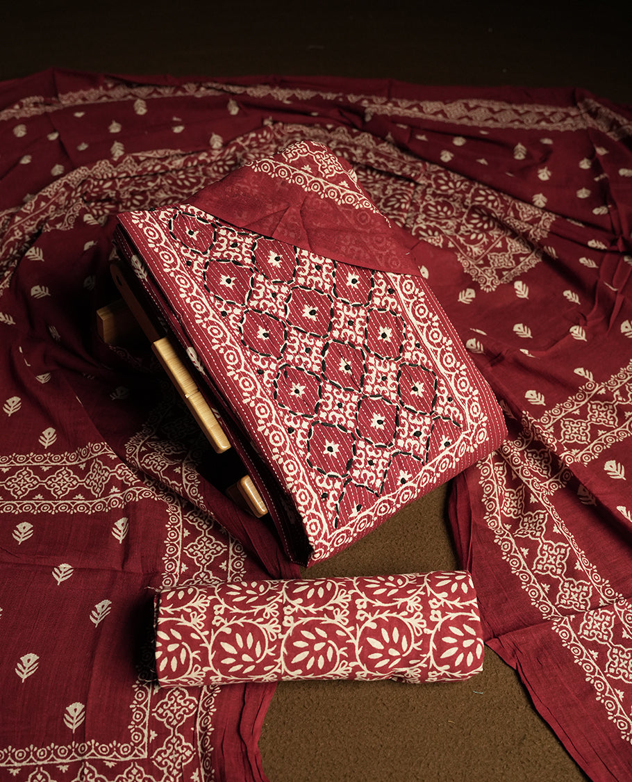 Deep maroon colour cotton churidar material featuring intricate white and black block prints and thread work on the body, paired with a beautifully printed dupatta and matching printed bottom.