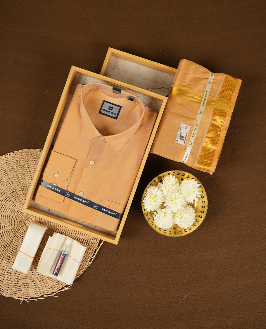 Dark Gold Colour tissue wedding shirt and dhoti set from MINISTER WHITE, adorned with a matching Gold zari border.