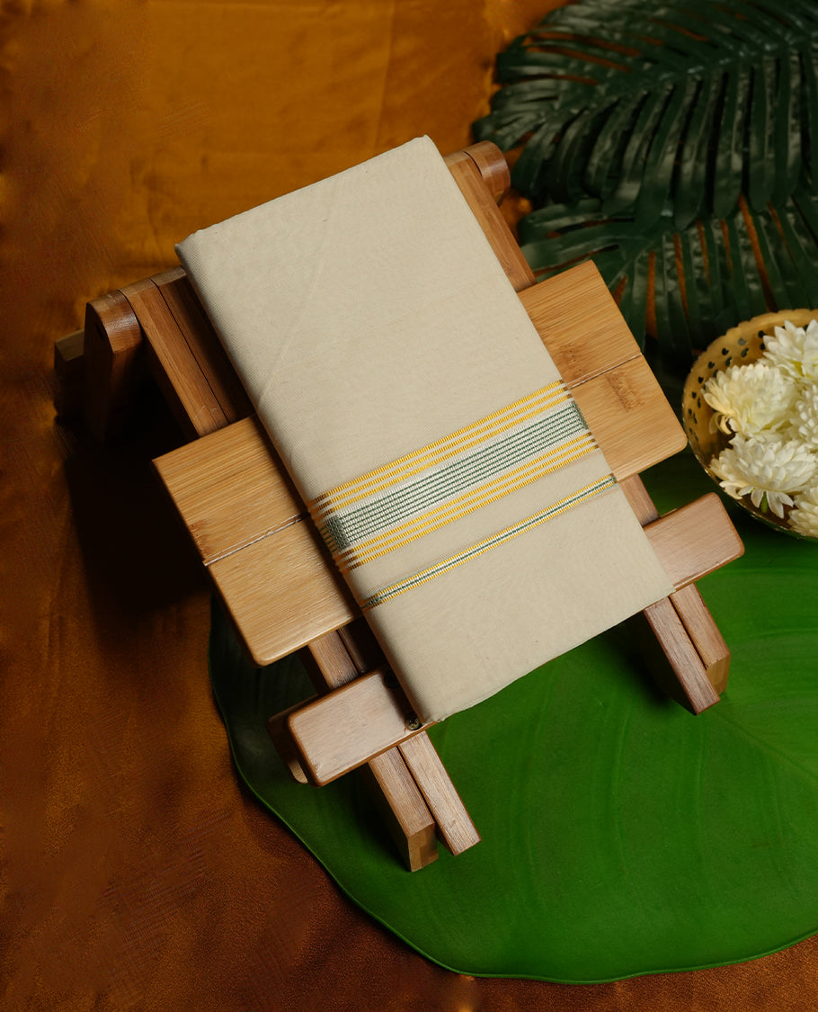 Cream Colour Pure Cotton double Dhoti with green,silver,gold Colour Border for Men