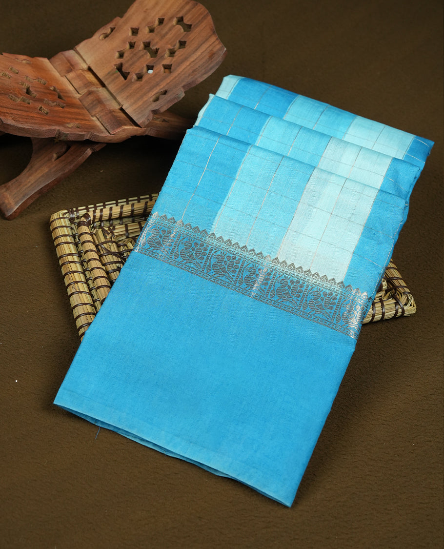 Sky blue colour mixed chanderi cotton saree with checkered striped body, plain sky blue pallu, silver zari decorative border, matching sky blue blouse.