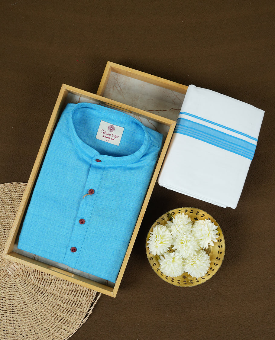 RAMRAJ Sky Blue Colour shirt paired with a matching dhoti, elegantly finished with a Sky Blue zari border.