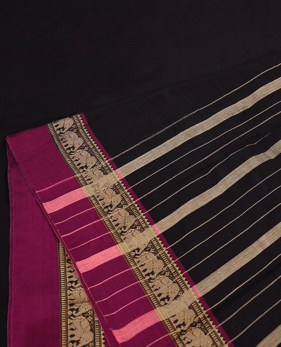 Black Colour Mixed Chettinad Cotton Saree having Plain Body with Contrast Border and Self Coloured Blouse