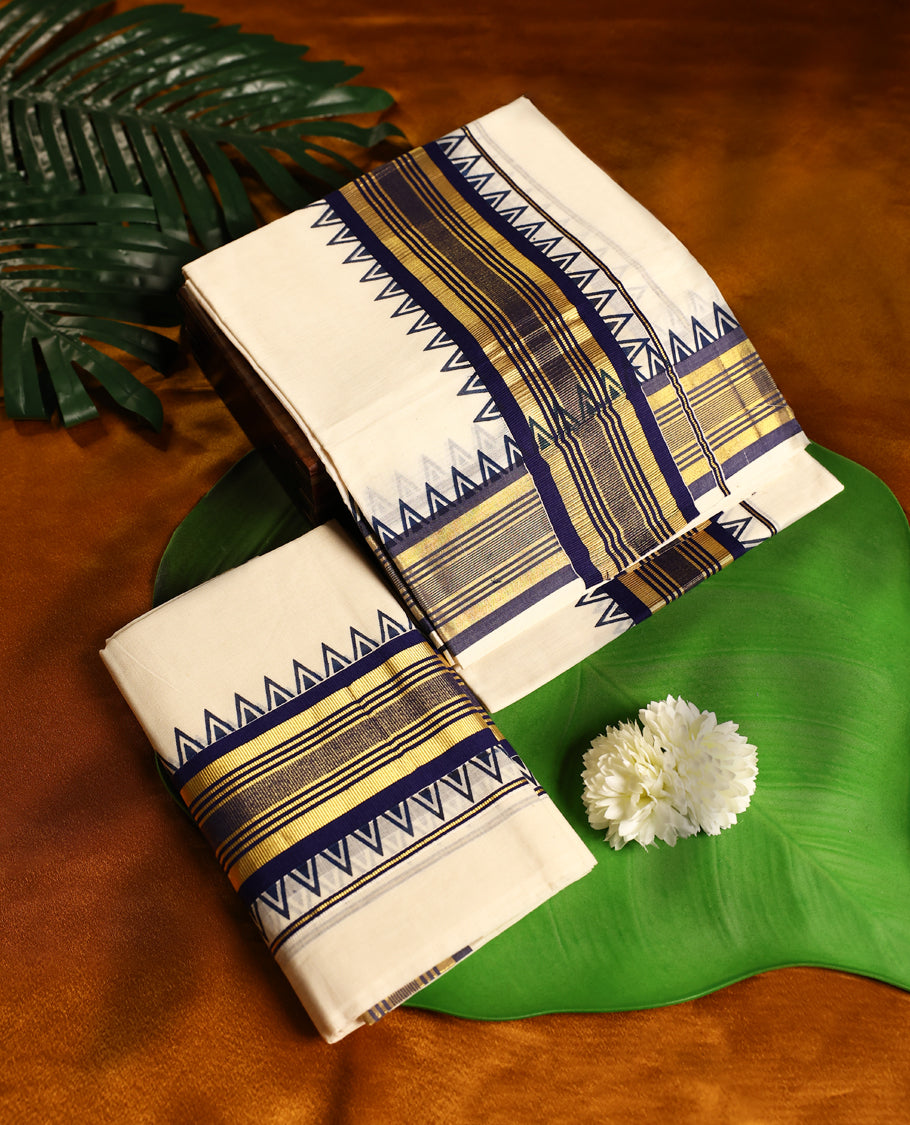 Off white colour cotton SET MUNDU featuring a plain body, complemented by a deep navy and gold toned Bold border( 2.00/2.80 MTS ).