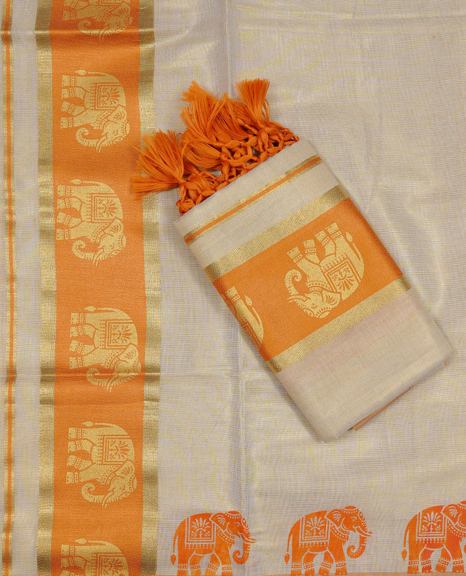 Golden colour Tissue silk set mundu features a plain body accented by a Elephant print on gold & orange zari border.