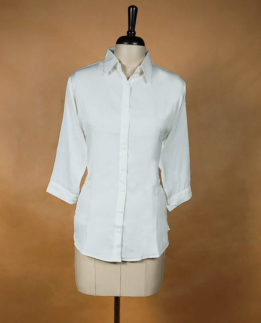 White Colour Satin Readymade Tunic Shirt For Women with 3/4th Sleeves