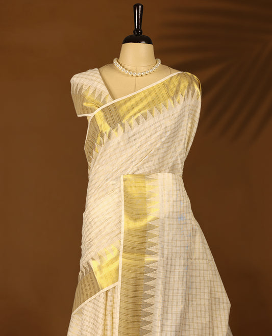 Kerala cotton saree with fine golden Checks and Golden border with Matching Blouse
