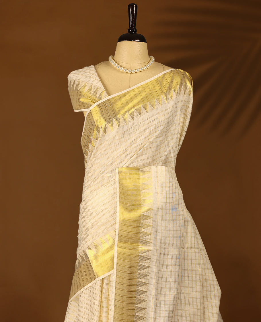 Kerala cotton saree with fine golden Checks and Golden border with Matching Blouse