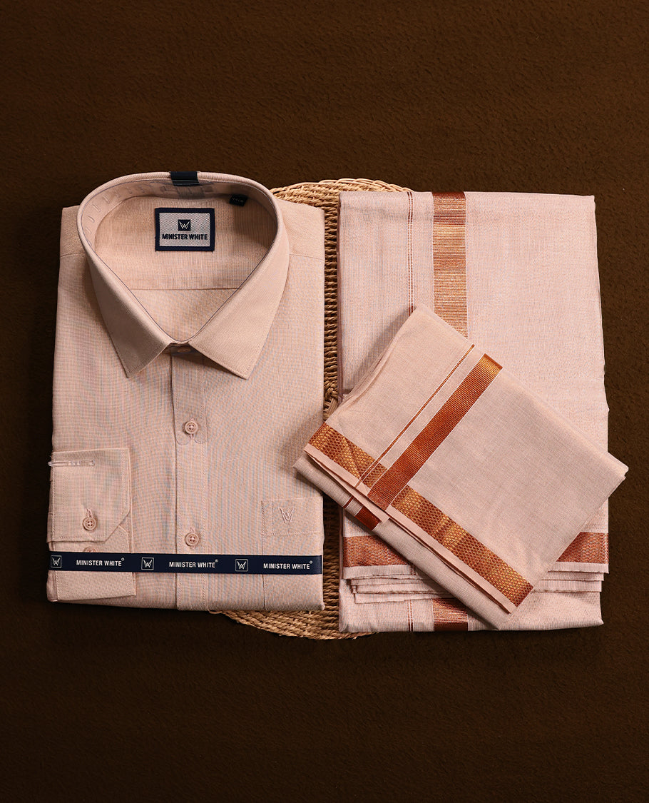 Copper tissue wedding shirt and dhoti set from MINISTER WHITE, adorned with a matching copper zari border.