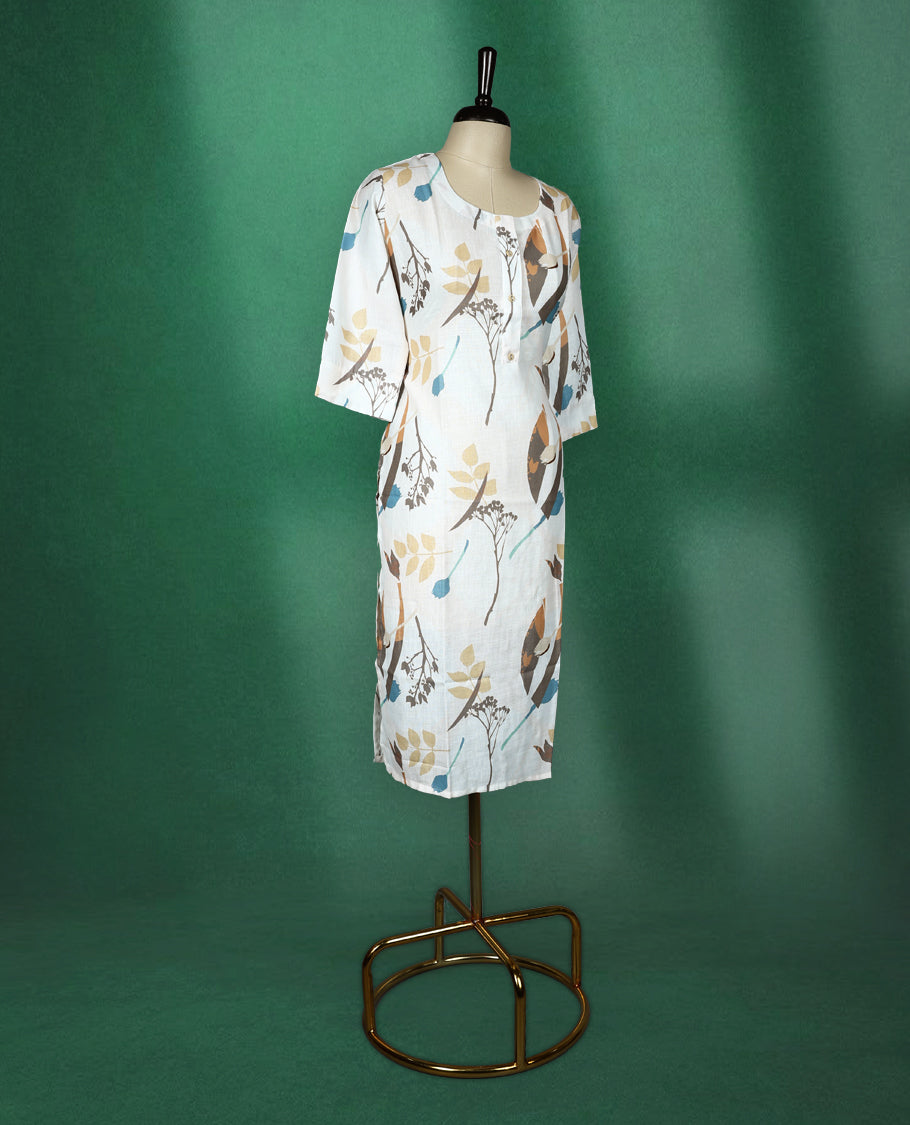 Off white cotton kurti with earthy toned abstract floral prints, round neckline, front buttons, and elbow-length sleeves, breezy and artistic choice for casual outings.