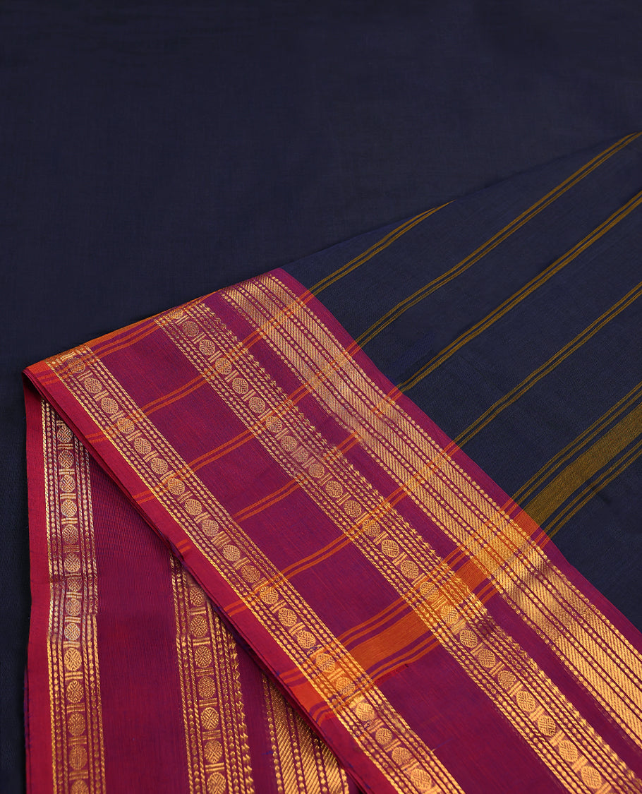Navy Blue Colour Mixed Chettinad Cotton Saree having plain Body with Ganga Jamuna Border and Self Coloured Blouse