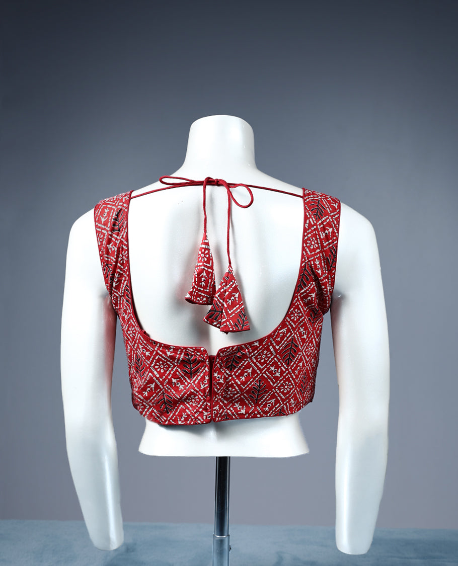 Dark Red Colour Multi Print, Deep Neck, Attachable Sleeves, Padded, Ready Made Blouse.