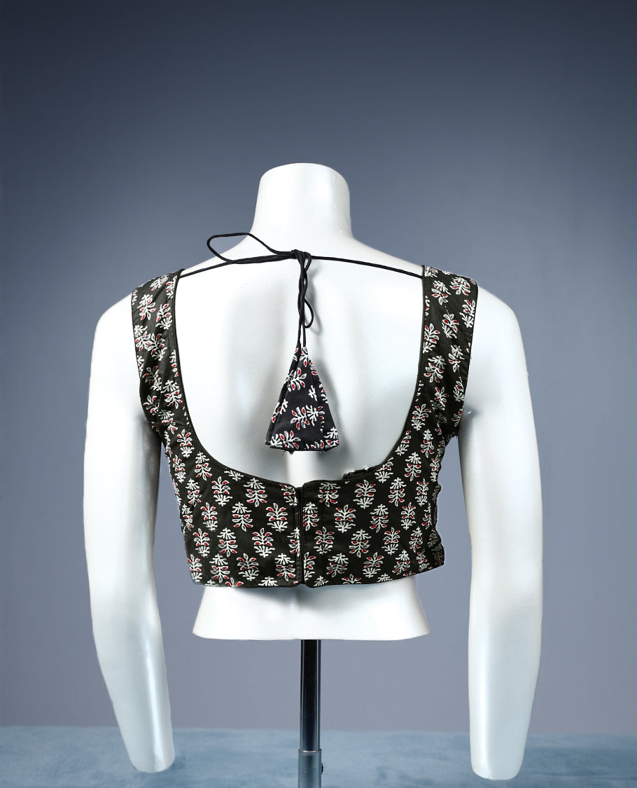 Dark Brown Colour Block Print, Deep Neck Design, Attachable Sleeves, Padded, Ready Made Blouse.