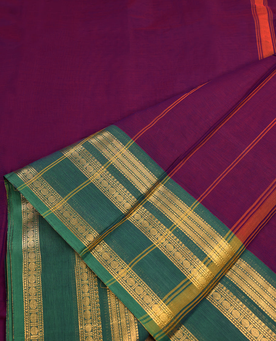 Grape Colour Mixed Chettinad Cotton Saree having plain Body with Ganga Jamuna Border and Self Coloured Blouse