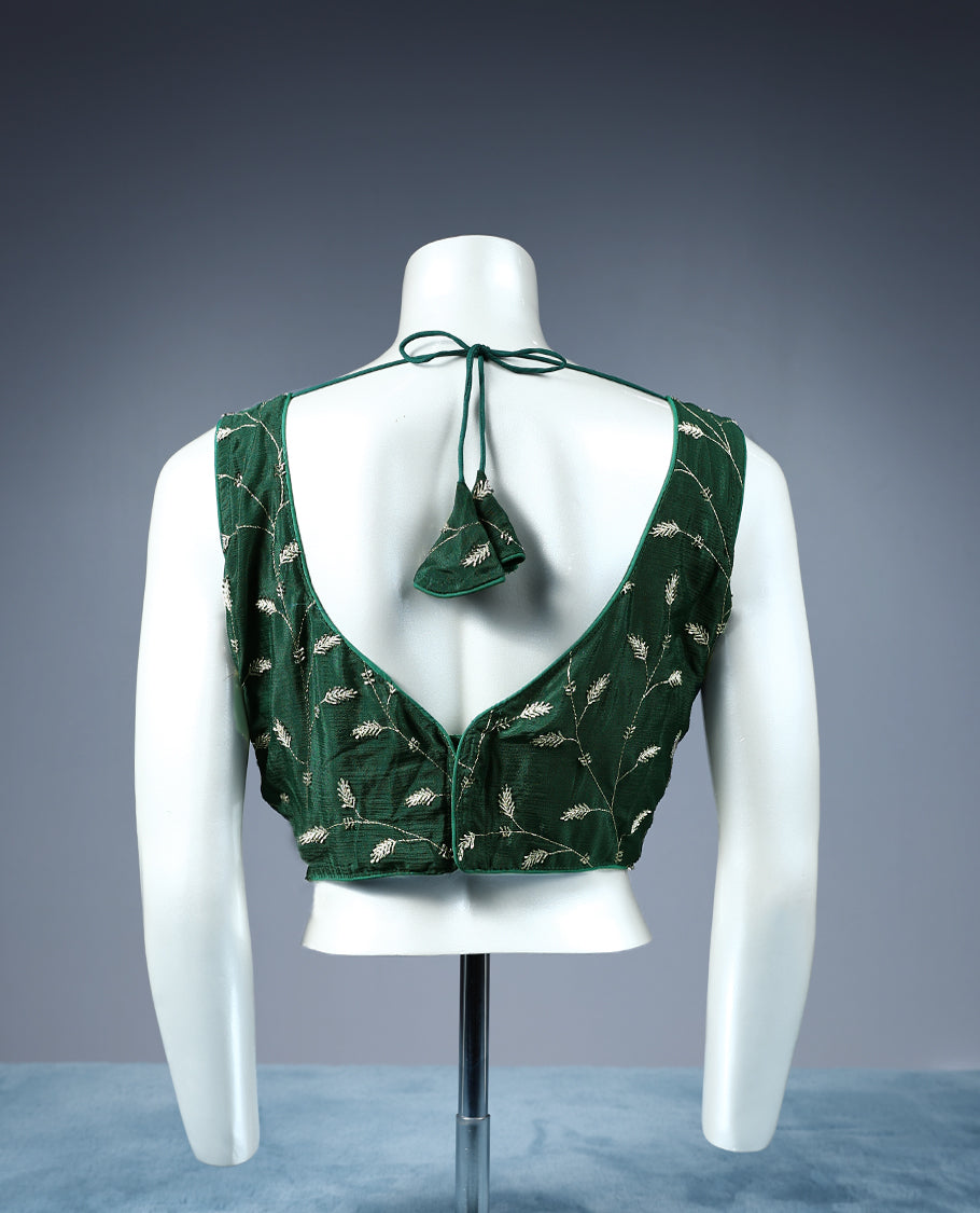 Green Colour Cut Bead Leaf Like Embroidery V Neck Design Attachable Sleeves Padded Ready Made Blouse.