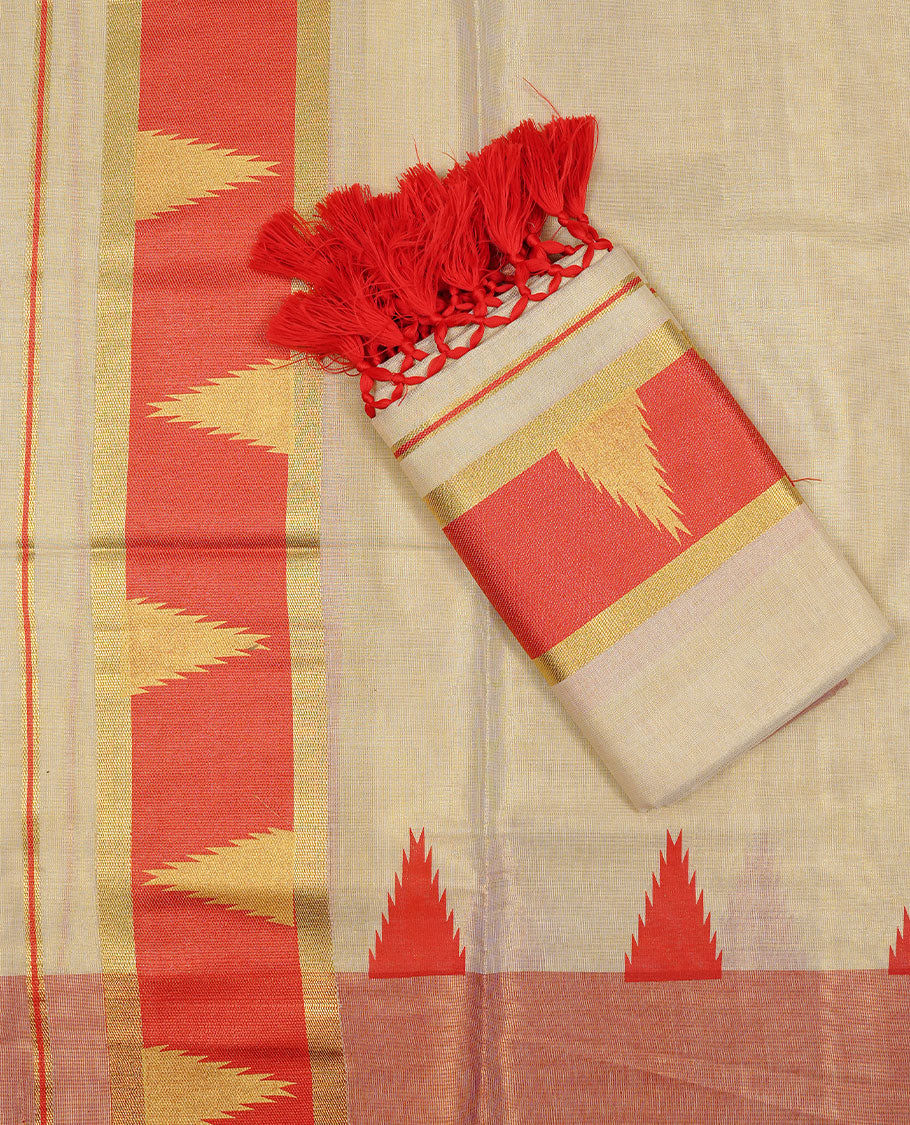 Cream colour Tissue silk set mund Featuring Elegant plain body, Complemented by Temple print on Red colour & gold zari border.