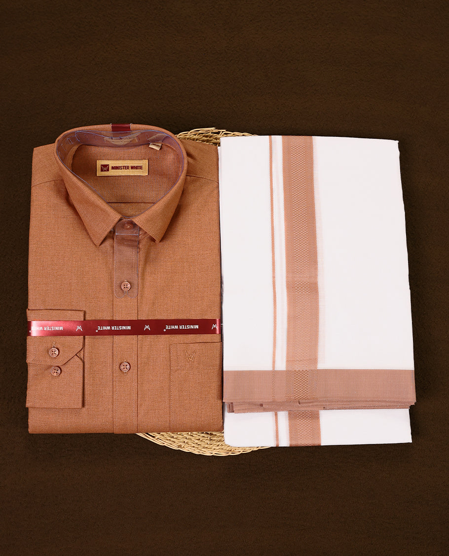 Copper brown full sleeve shirt and white dhoti set featuring a coordinated copper brown zari border designed for a stylish and traditional look ideal for festive and cultural occasions