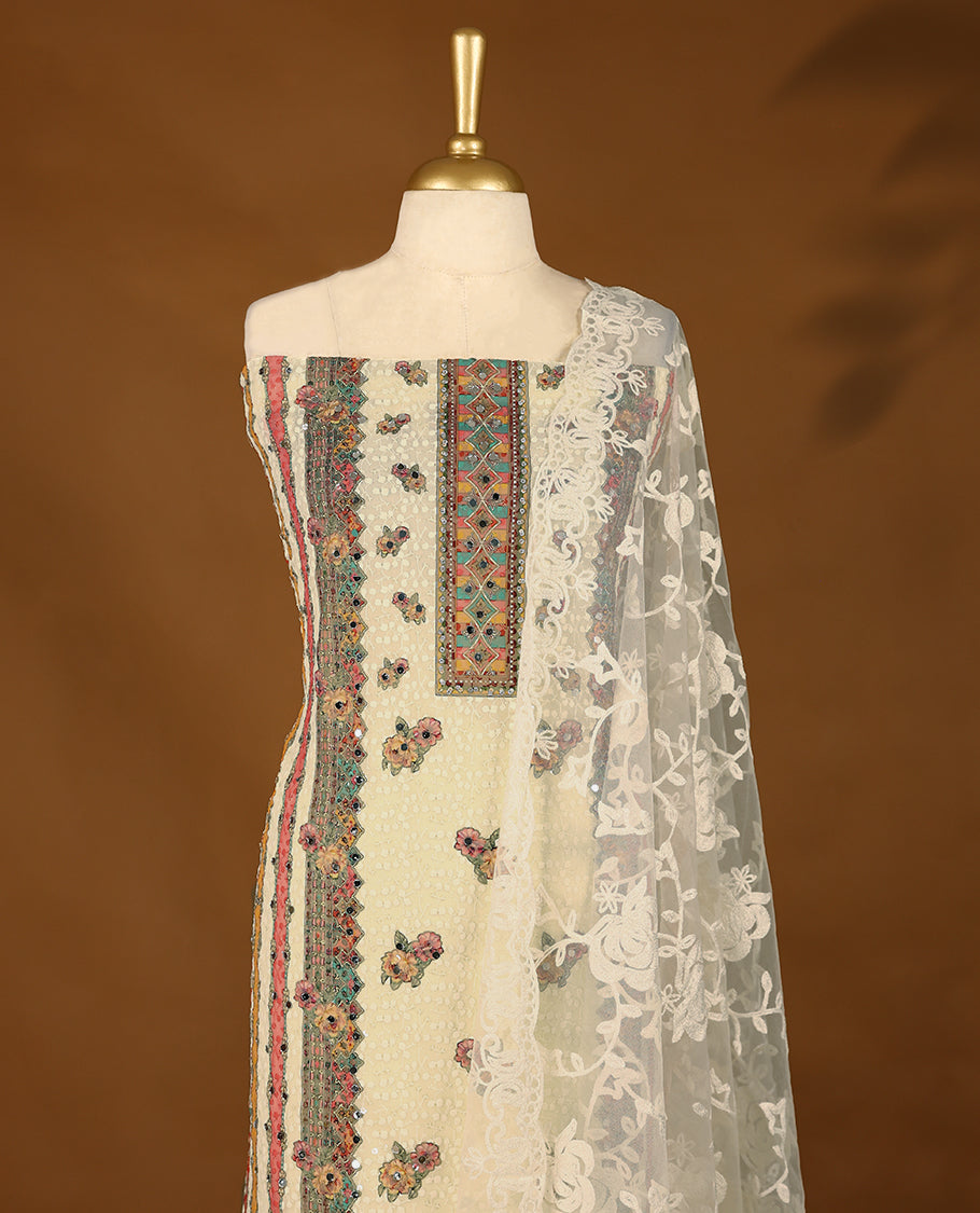 Cream Colour, Mirror Worked Top having Multi Colour Prints & Red Border with Bottom and Thread Worked Dupatta