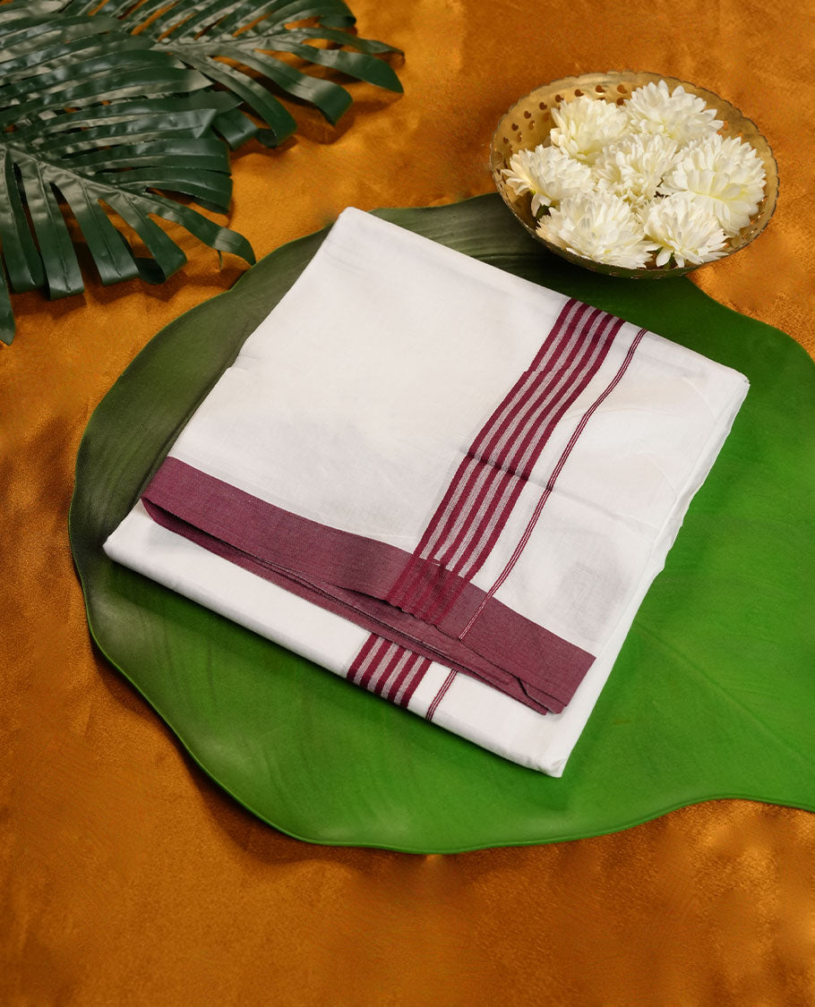 White Colour RAMRAJ Pure Cotton double Dhoti with Dark red Colour Border for Men