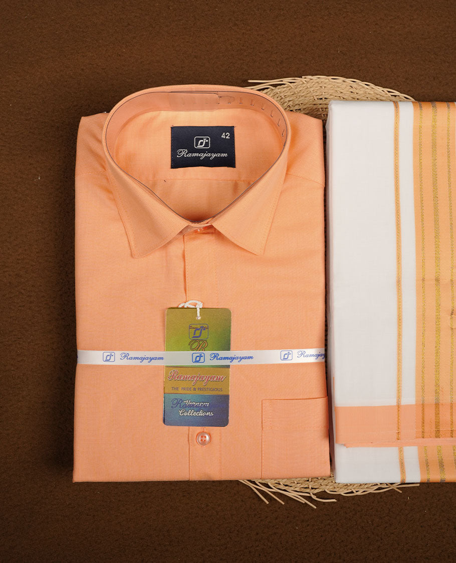 Light orange Colour shirt paired with a matching dhoti, finished with a Light orange and gold border.