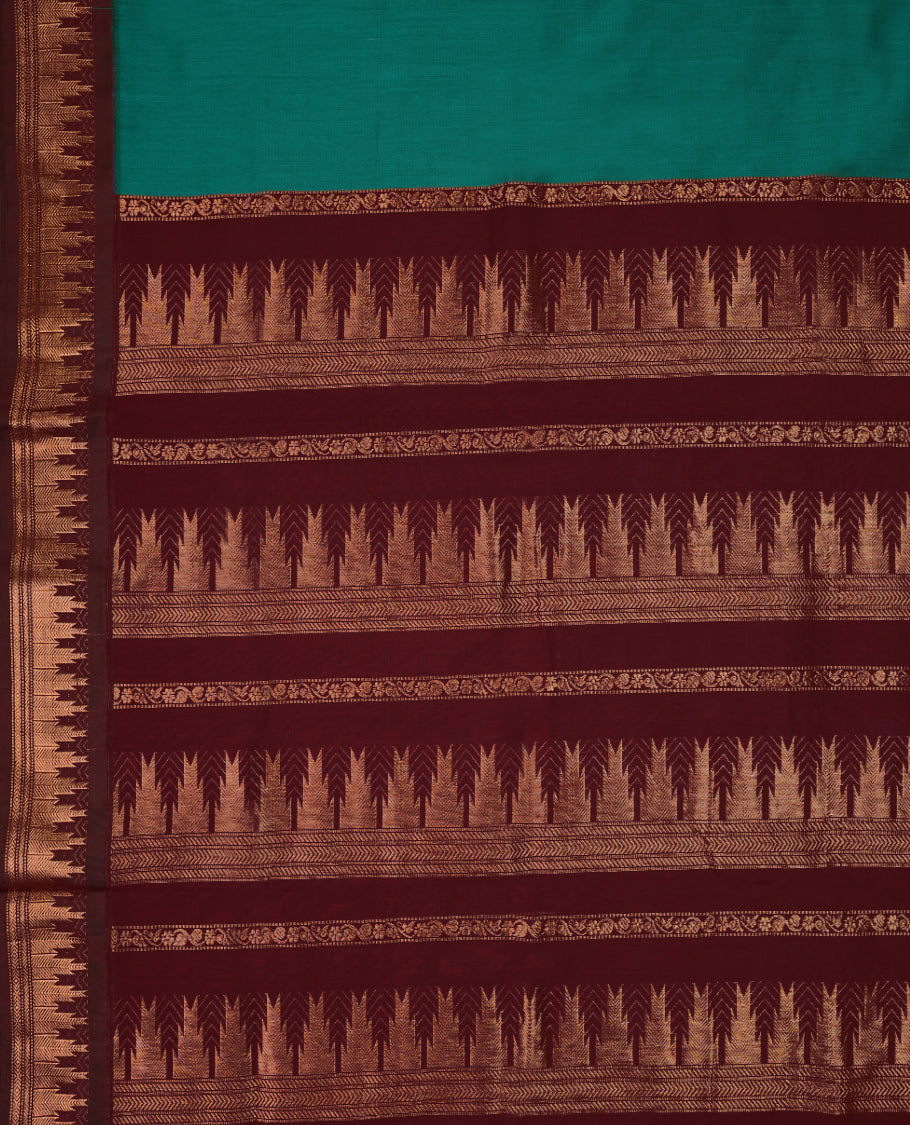Peacock Green colour mixed Kalyani cotton saree featuring Plain body, paired with Maroon colour traditional border and pallu, with matching blouse