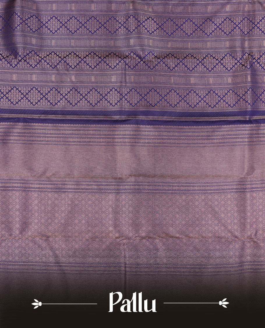 Violet colour Kanchipuram pattern Manthrakodi saree featuring geometrical design antique gold zari jacquard design on the body, traditional turning border, and jacquard zari blouse piece.