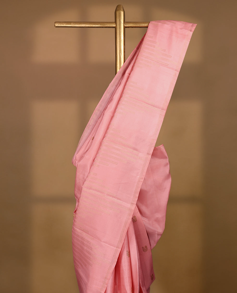 Baby Pink Colour Pure Kancheepuram Traditional Silk Saree having Peacock Buttas in Body with Blouse and without Border
