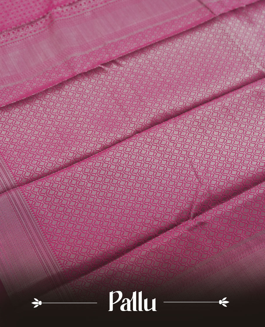 Magenta purple colour semi silk saree featuring neem zari Brocade geometric Pattern all over the body, complemented by a Self Colour woven border with detailing, Pallu & blouse.