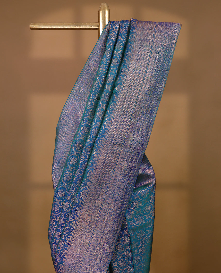Peacock Blue Colour Kancheepuram Wedding Silk Saree having Floral Zari Worked Body with Border and Self Coloured Blouse