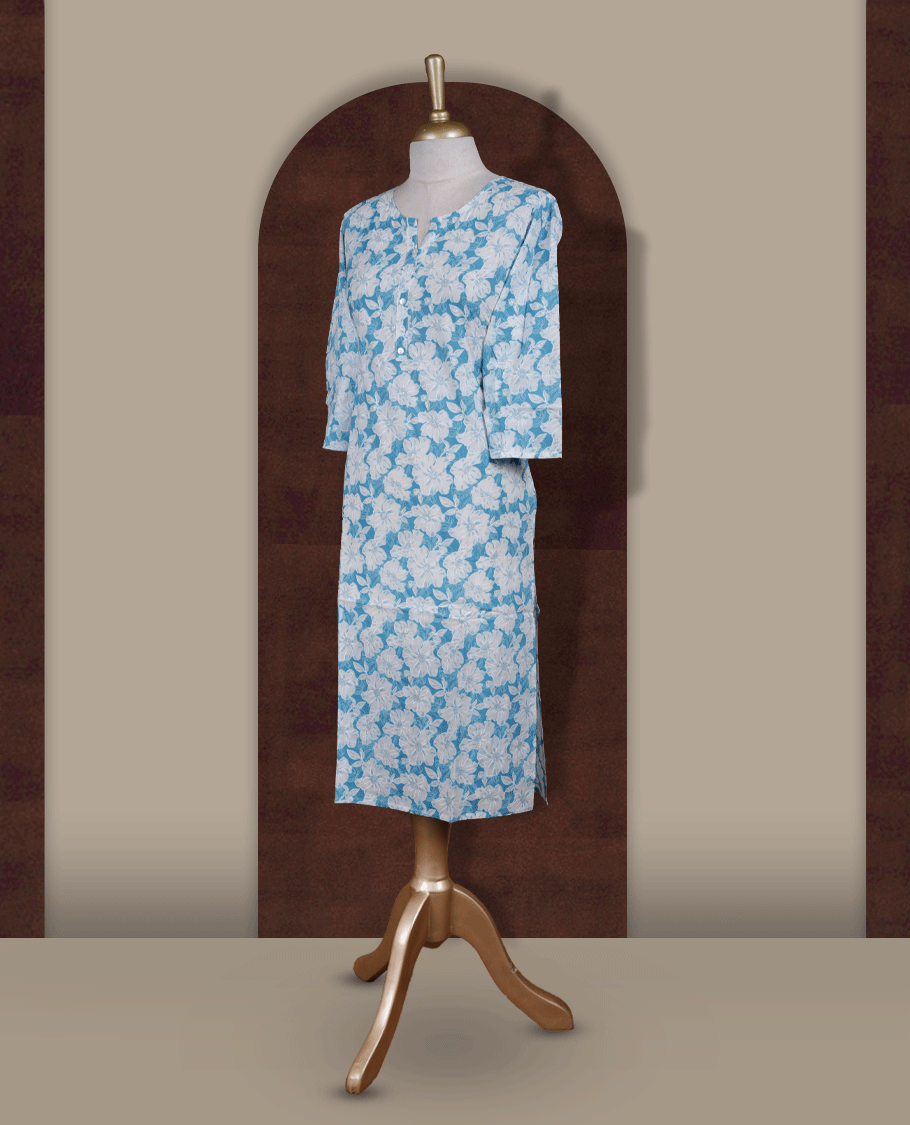 Sky blue colour kurthi featuring with white floral prints all over & Designed with a round neckline with V notch, button placket, and 3/4 sleeves.