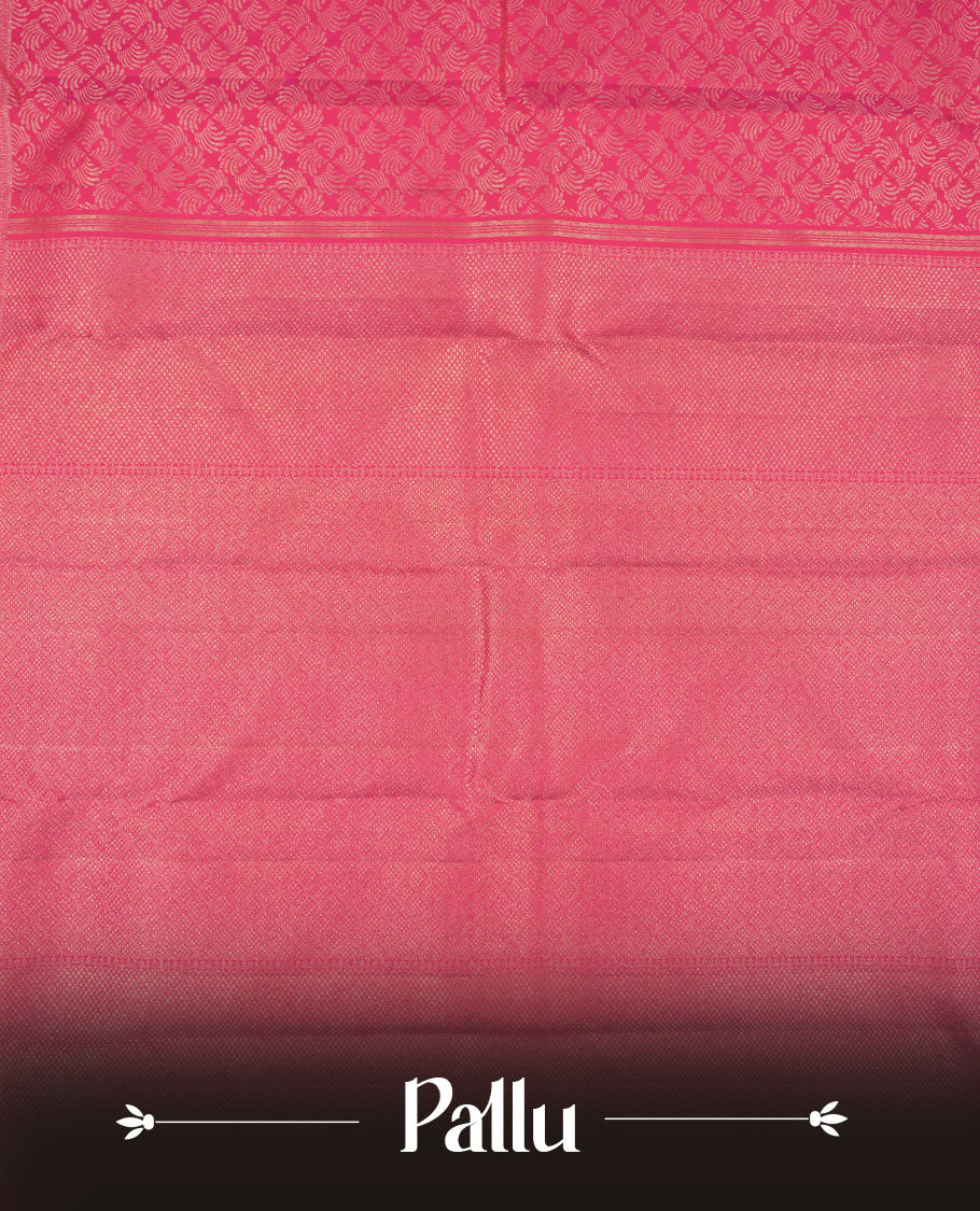 Rani pink colour Kanchipuram pattern Manthrakodi saree featuring geometrical design antique gold zari jacquard design across the body, turning zari border, and plain jacquard blouse piece.