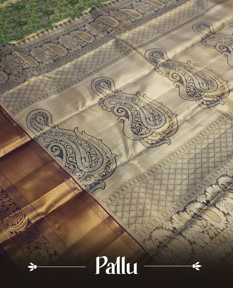 Green colour and Antique gold Zari Tissue Brocade Saree features intricate a coloured floral Motifs on body and rich violet colour with tradiional border & pallu, paired with matching blouse