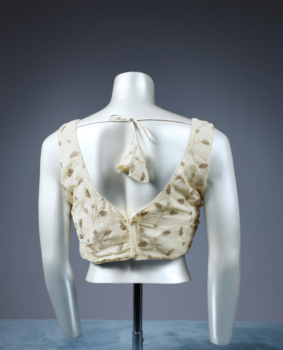 Cream Colour Cut Bead Leaf Like Embroidery V Neck Design Attachable Sleeves Padded Ready Made Blouse.